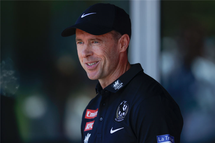 CRAIG MCRAE, Senior Coach of the Magpies speaks with media after the Collingwood Magpies training session at Olympic Park Oval in Melbourne, Australia.