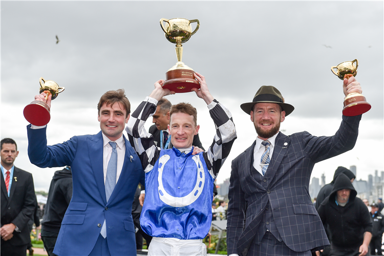 David Eustace, Mark Zahra and Ciaron Maher after winning the Melbourne Cup.