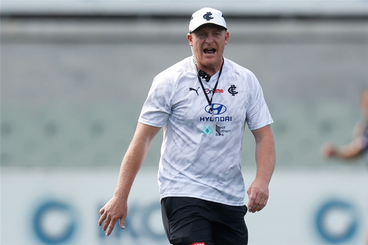 MICHAEL VOSS, Senior Coach of the Blues in action during the Carlton Blues training session at Ikon Park in Melbourne, Australia.