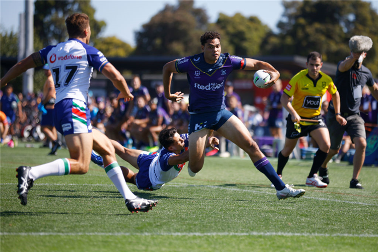 XAVIER COATES of the Storm scores a try during the NRL Trial match between the Melbourne Storm and the New Zealand Warriors at Casey Fields in Melbourne, Australia.