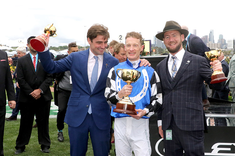 Trainers : DAVID EUSTACE, CIARON MAHER and Jockey: MARK ZAHRA after, GOLD TRIP winning the Lexus Melbourne Cup