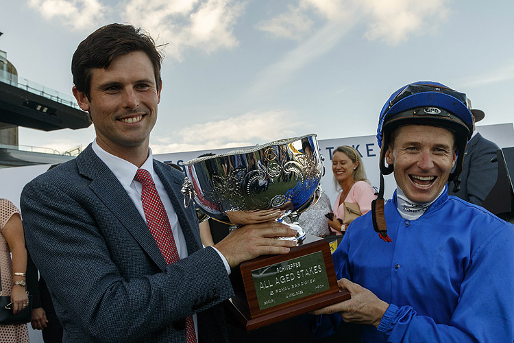 Trainer : JAMES CUMMINGS and Jockey: JAMES MCDONALD after, CASCADIAN winning the Schweppes All Aged Stakes