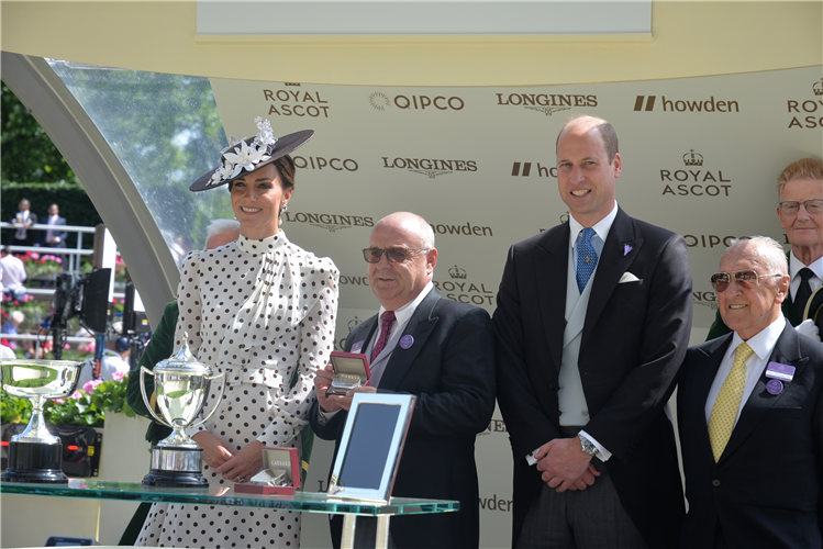 Duke and Duchess of Cambridge, Prince William and Kate Middleton present trophy to Richard Fahey after PERFECT POWER wins the Commonwealth Cup.