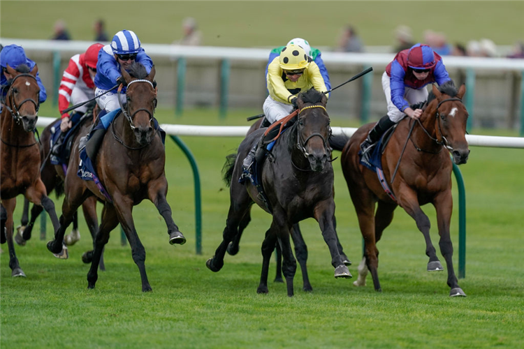 ALYANAABI (L, blue/white cap) winning the Tattersalls Stakes at Newmarket in England.