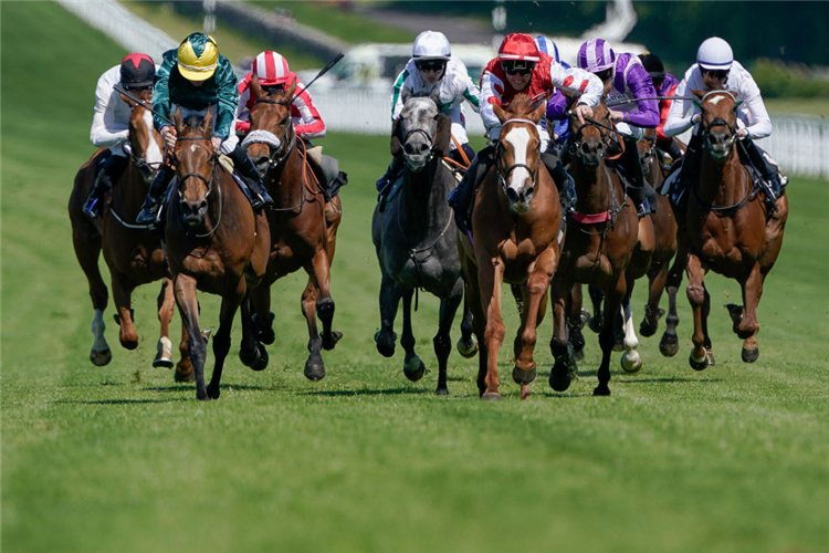 ARAMINTA (red cap) winning the Fillies Stakes at Goodwood in Chichester, England.