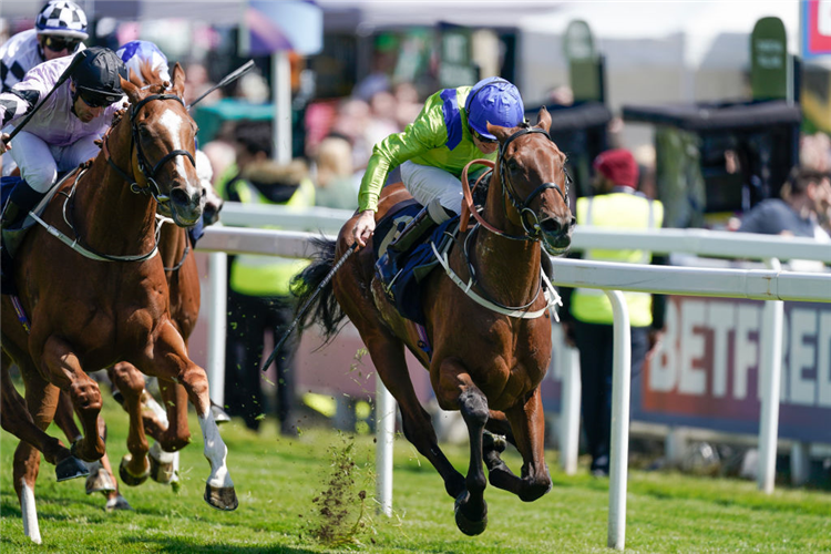 Joe Fanning riding Austrian Theory wins The Racehorse Lotto Handicap at Epsom Racecourse in Epsom, England.