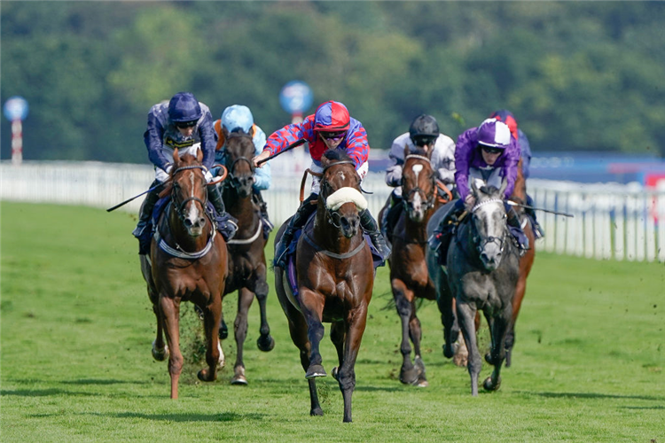 BIG EVS (red/blue cap) winning the Flying Childers Stakes at Doncaster in England.