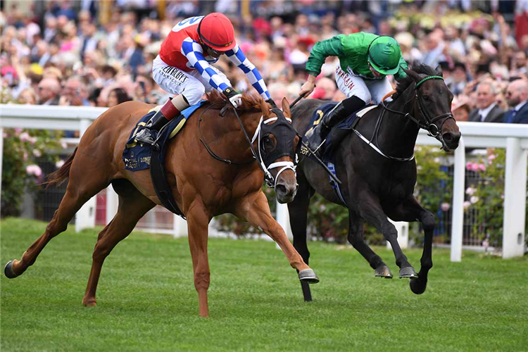 CRIMSON ADVOCATE (red cap) winning the Queen Mary Stakes at Ascot in England.