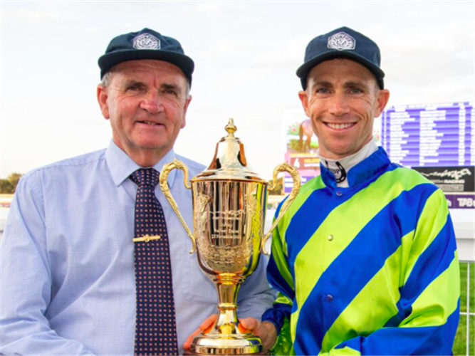 Neville and Chris Parnham after Bustler's win in the 2023 Railway Stakes