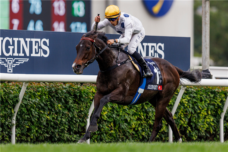 GOLDEN SIXTY winning the THE LONGINES HONG KONG MILE at Sha Tin Racecourse.
