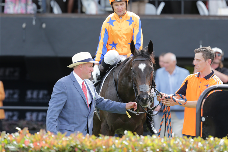 Trainer Mark Walker greets Imperatriz and jockey Opie Bosson after winning the Gr.2 Westbury Classic (1400m)