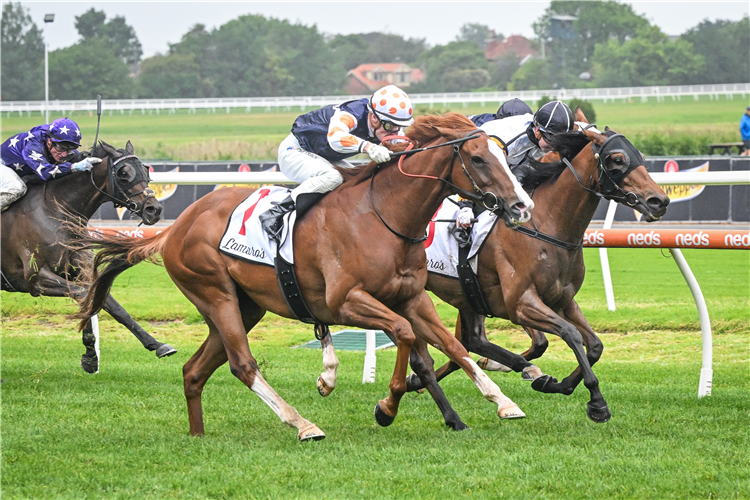 JUST FOLK (white/red cap) winning the Eclipse Stakes at Caulfield in Australia.