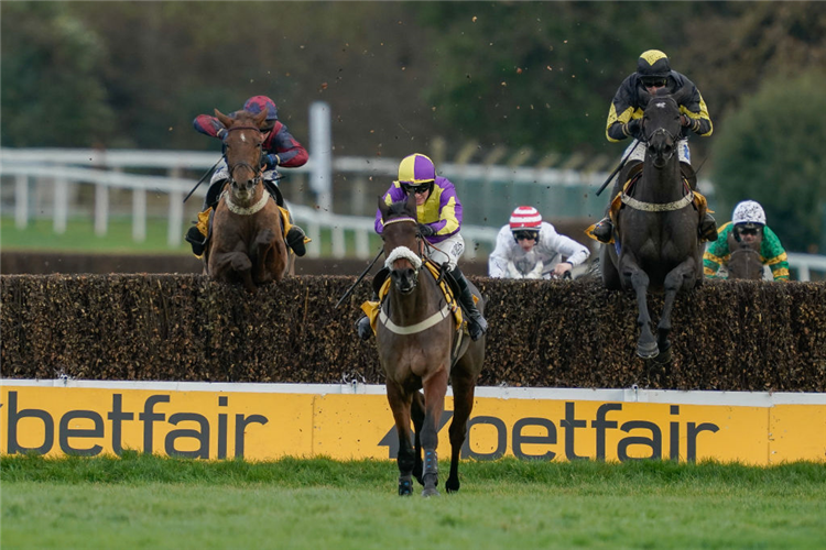 LE PATRON winning the Henry VIII Novices' Chase at Sandown Park in Esher, England.
