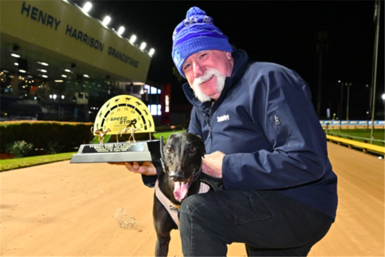 Like Wildfire with handler Peter Riley after winning Sandown’s 715m Speed Star