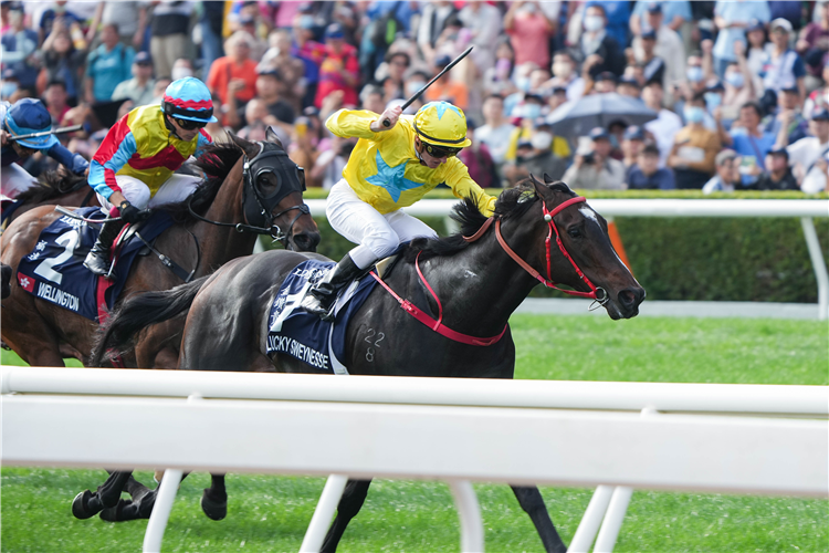 LUCKY SWEYNESSE winning the THE LONGINES HONG KONG SPRINT at Sha Tin Racecourse.