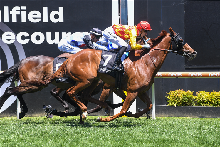 PLACE OF GOLD winning the Bravo Damien Oliver at Caulfield in Australia.