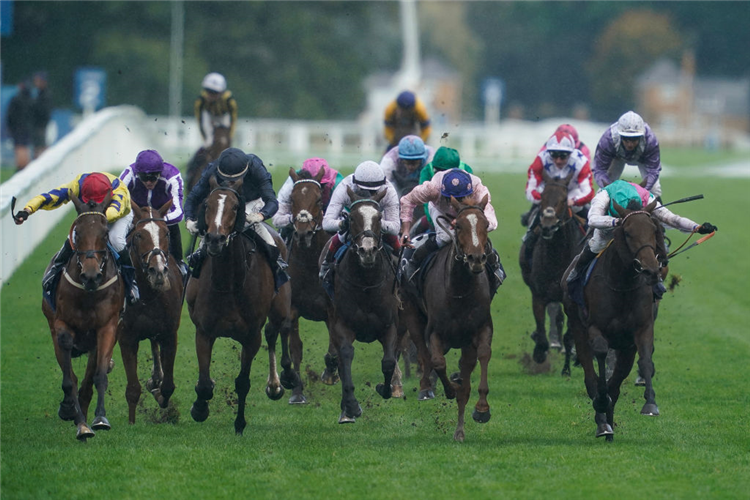 POPTRONIC (left, red cap) winning the British Champions Fillies & Mares Stakes at Ascot in England.