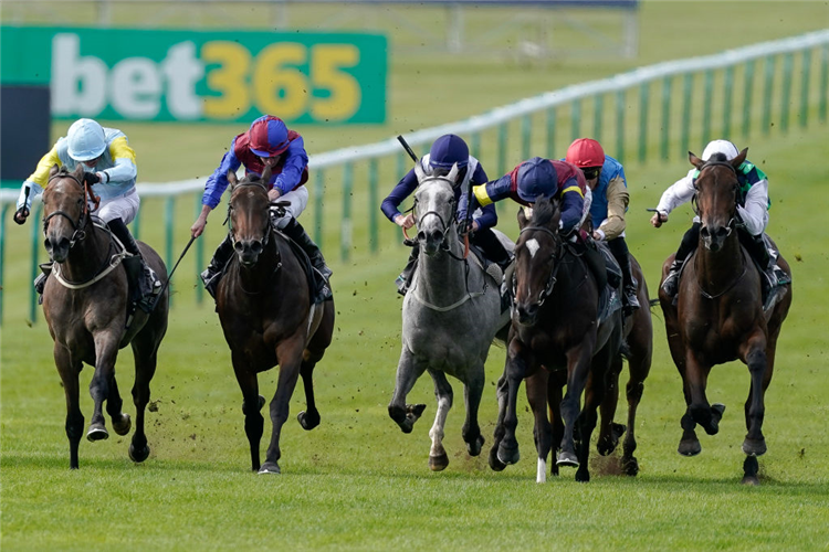 PORTA FORTUNA (R, blue/yellow sleeves) winning the Cheveley Park Stakes at Newmarket in England.