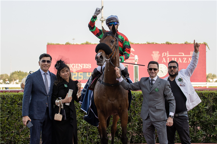 Douglas Whyte and winning connections celebrate after RUSSIAN EMPEROR winning the HH THE AMIR TROPHY (QA Gr1) - THOROUGHBREDS (Presented by Longines)