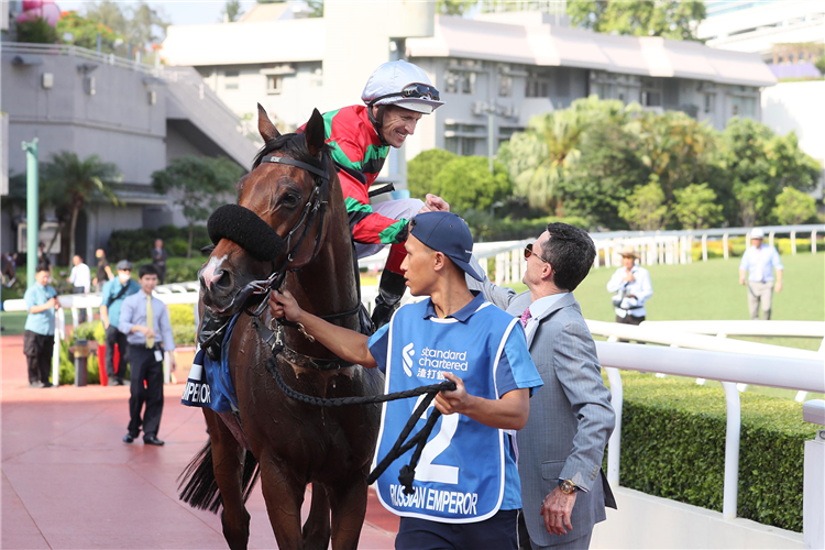 Hugh Bowman and Douglas Whyte celebrates after RUSSIAN EMPEROR winning the THE STANDARD CHARTERED CHAMPIONS & CHATER CUP
