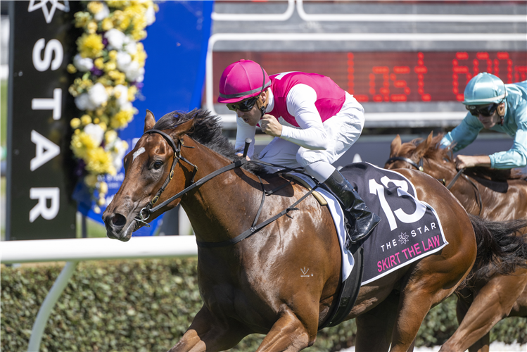 SKIRT THE LAW winning the $2M THE STAR GOLD COAST MAGIC MILLIONS 2YO CLASSIC at Gold Coast in Australia.