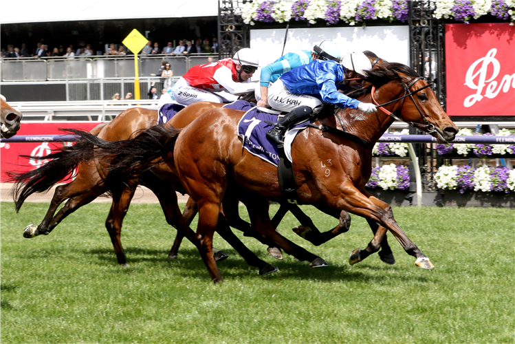SPACEWALK winning the Racing and Sports Rising Fast Stakes in Flemington, Australia.