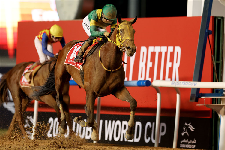 USHBA TESORO winning the Dubai World Cup at Meydan in Dubai, United Arab Emirates.