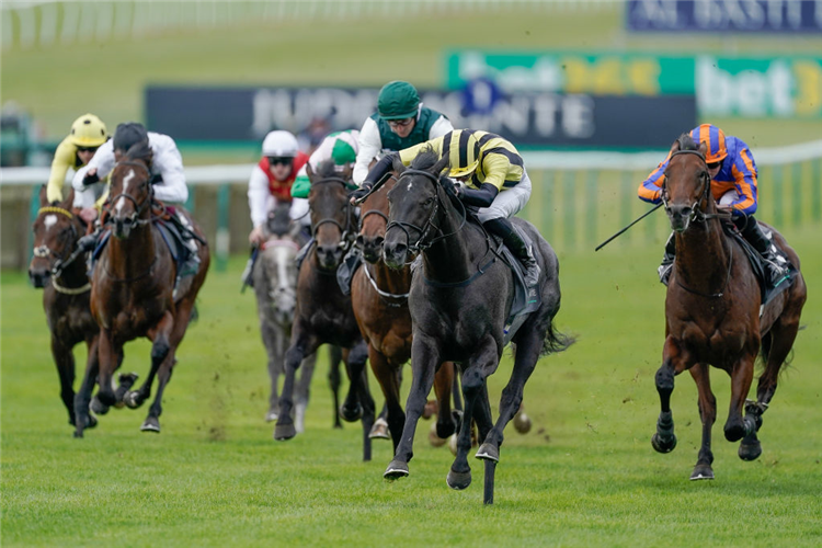 VANDEEK (C, yellow/black cap) winning the Middle Park Stakes at Newmarket in England.