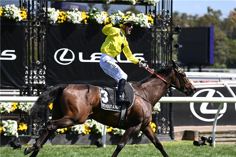 WITHOUT A FIGHT winning the Lexus Melbourne Cup at Flemington in Australia.