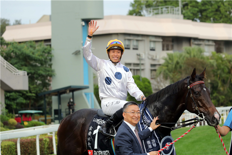 Jockey : Vincent Ho after winning the THE LONGINES HONG KONG MILE at Sha Tin Racecourse.
