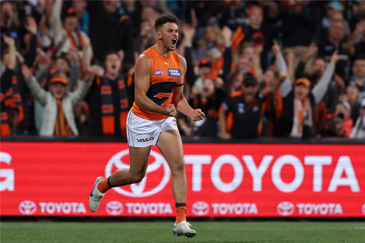 JAKE RICCARDI of the Giants celebrates a goal during the match between the Port Adelaide Power and the GWS GIANTS at Adelaide Oval in Adelaide, Australia.
