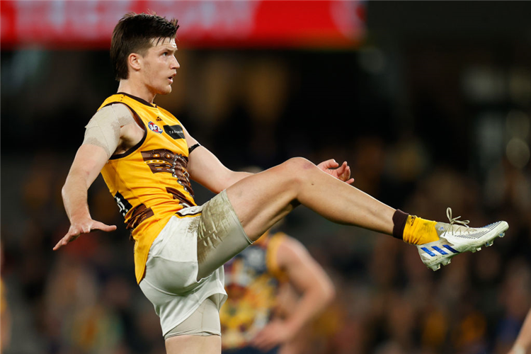 MITCH LEWIS of the Hawks kicks the ball during the AFL match between the Hawthorn Hawks and the Adelaide Crows at Marvel Stadium in Melbourne, Australia.
