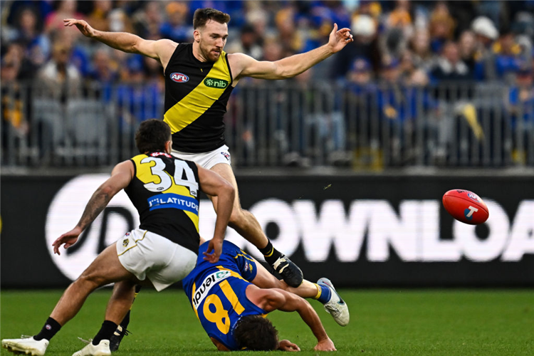 NOAH BALTA of the Tigers during the AFL match between the West Coast Eagles and the Richmond Tigers at Optus Stadium in Perth, Australia.