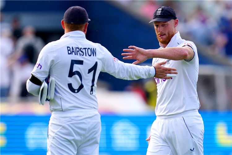England's Ben Stokes (right) and Jonny Bairstow at the end of day one of the first Ashes test match at Edgbaston