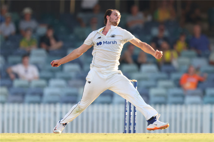 LANCE MORRIS of Western Australia bowls during the Sheffield Shield Final match between Western Australia and Victoria at WACA in Perth, Australia.