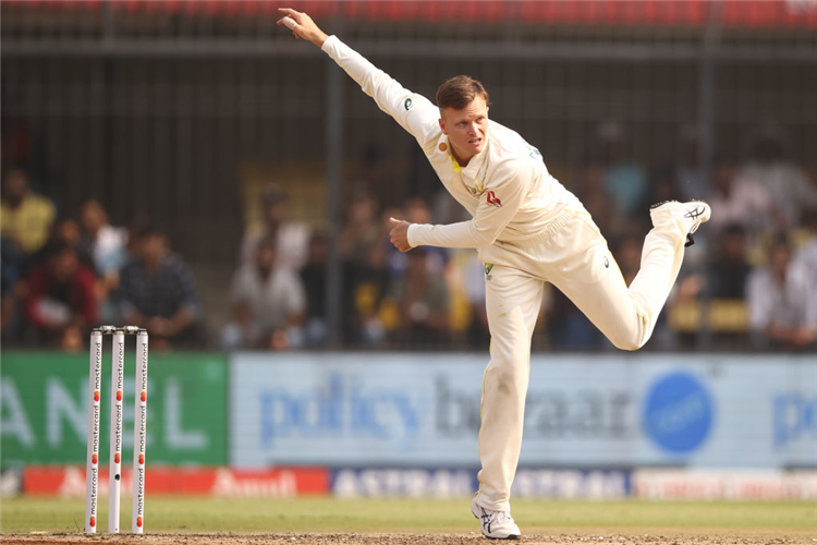 MATTHEW KUHNEMANN of Australia bowls during the Test match in the series between India and Australia at Holkare Cricket Stadium in Indore, India.