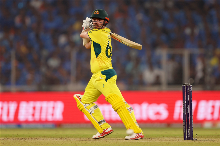 Travis Head of Australia plays a shot during the ICC Men's Cricket World Cup India 2023 Final between India and Australia at Narendra Modi Stadium on November 19, 2023 in Ahmedabad, India.