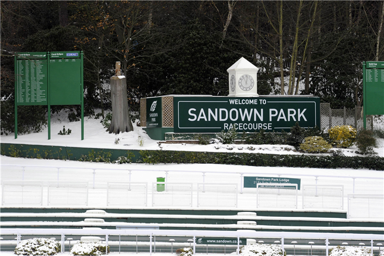 Sandown Park racecourse under snow.