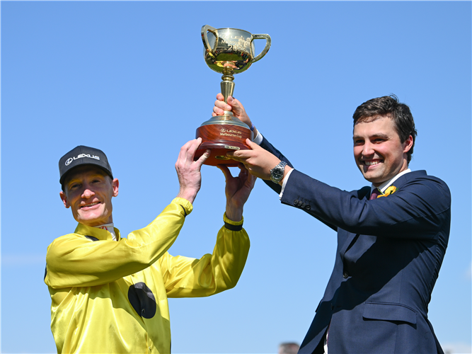 Mark Zahra and Sam Freedman after Without A Fight won the 2023 Melbourne Cup.