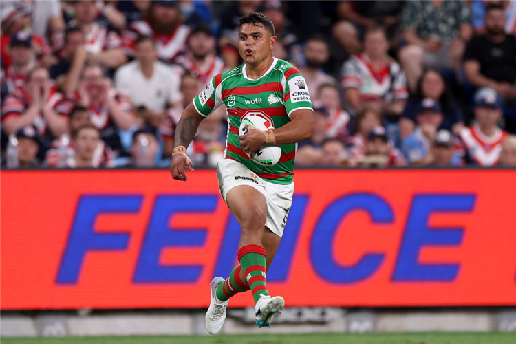LATRELL MITCHELL of the Rabbitohs runs the ball during the NRL match between Sydney Roosters and South Sydney Rabbitohs at Allianz Stadium in Sydney, Australia.