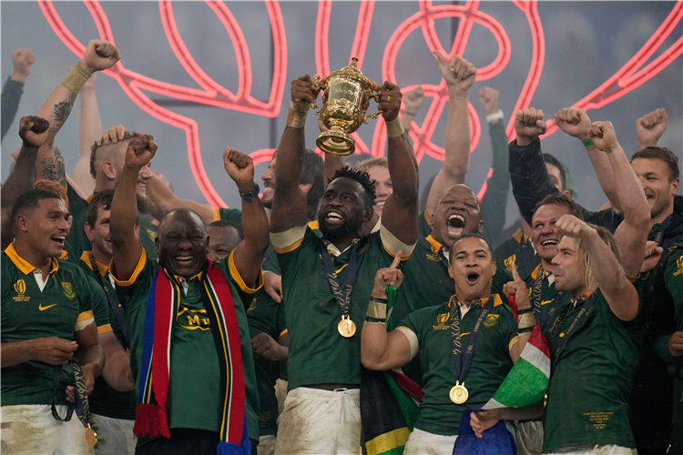 South Africa lift the Rugby World Cup trophy