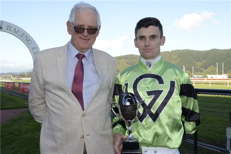 Trainer Jim Wallace with Ryan Elliot after they combined for Group One success with Pennyweka
