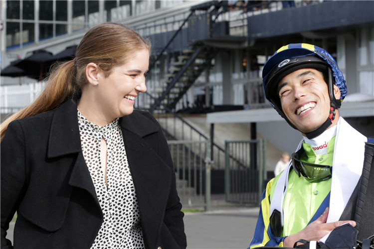 Trainer Samantha Logan and jockey Kozzi Asano are all smiles after the win by Saltcoats