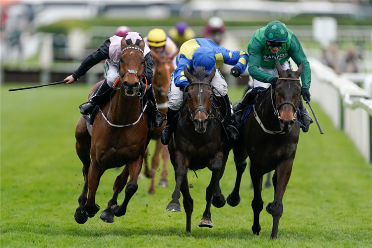 IMPAIRE ET PASSE (right, green silks) winning the Aintree Hurdle at Aintree in Liverpool, England.