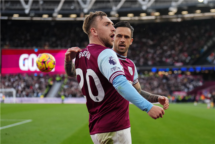 Jarrod Bowen and Danny Ings celebrate West Ham's win over Man United