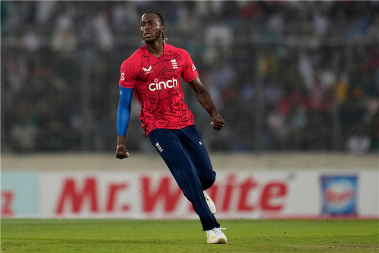 Jofra Archer celebrates taking a wicket for England