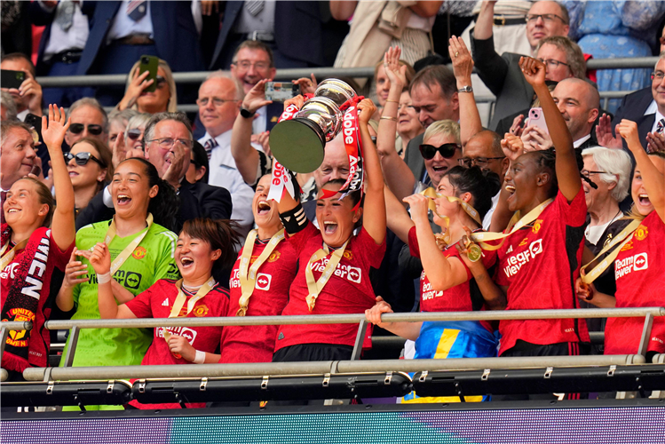 Manchester United Women celebrating their FA Cup win at Wembley