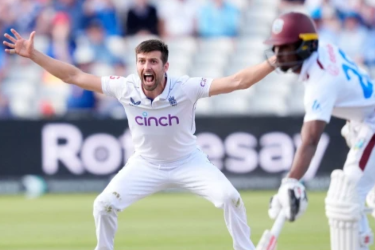 Mark Wood appeals for a wicket versus West Indies 2024 Edgbaston