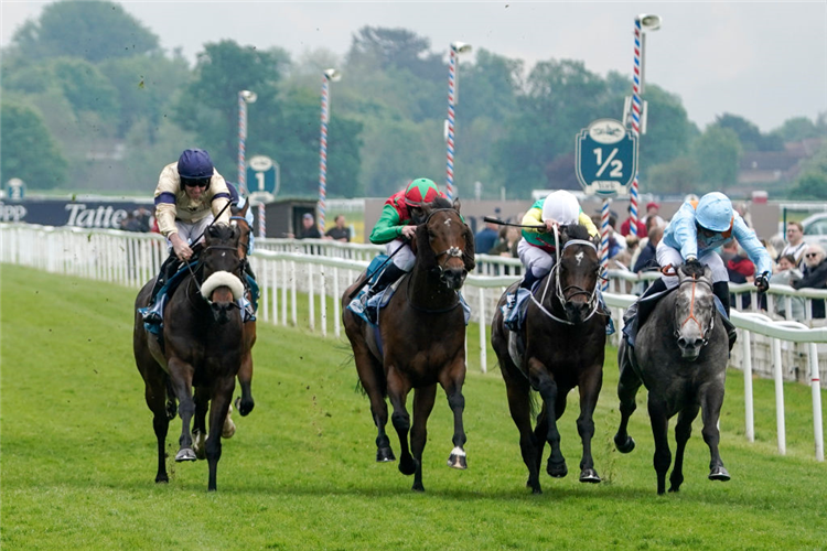 MILL STREAM (white cap) winning the Clipper Stakes at York in England.