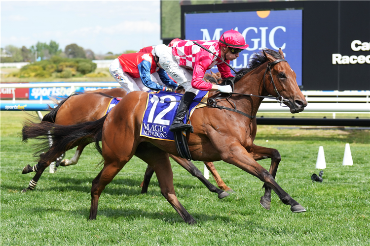 MISS CELINE winning the Magic Millions Debutant Stakes in Caulfield, Australia.